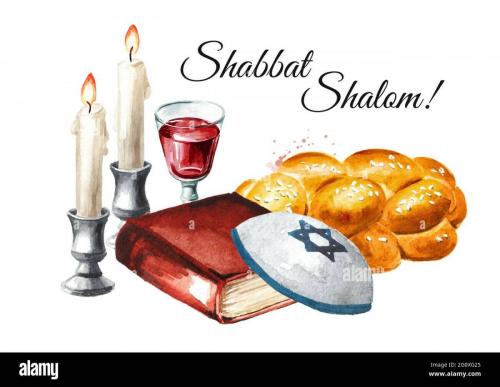 shabbat-shalom-card-traditional-jewish-celebration-oh-the-shabbat-challah-candles-torah-book-and-wine-hand-drawn-watercolor-illustration-isolated-2G0XG25