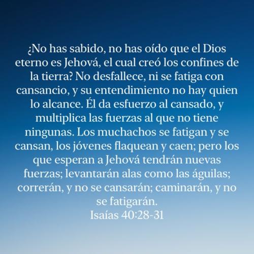 Isaías 40_28-31 ¿No has sabido, no has oído que el Dios eterno es Jehová, el cual creó los confines de la tierra_ No desfallece, ni se fatiga con cansancio, y su entendimiento no hay quien lo alcance_ Él da esfuerzo  _ Biblia Reina V